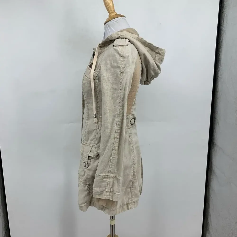 Free People Jacket Womens 0 Beige Ramie Metal Snap Pockets Military Trench Boho